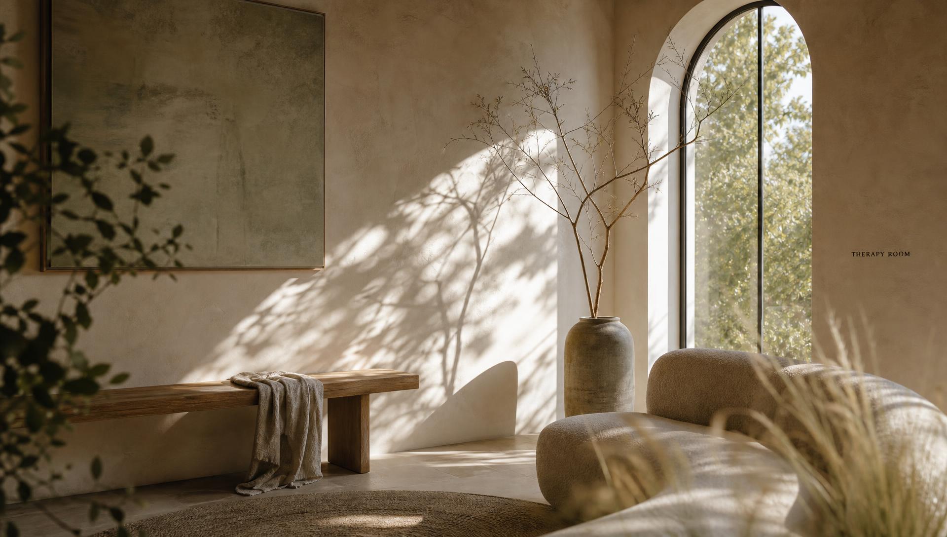 A calm, sunlit therapy room with an arched window, sculptural branch and soft leaf shadows